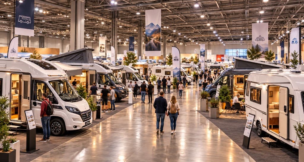 Pasillo de un pabellón con autocaravanas expuestas y visitantes