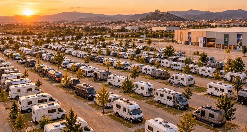 Autocaravanas aparcadas al atardecer junto al recinto, con el castillo al fondo